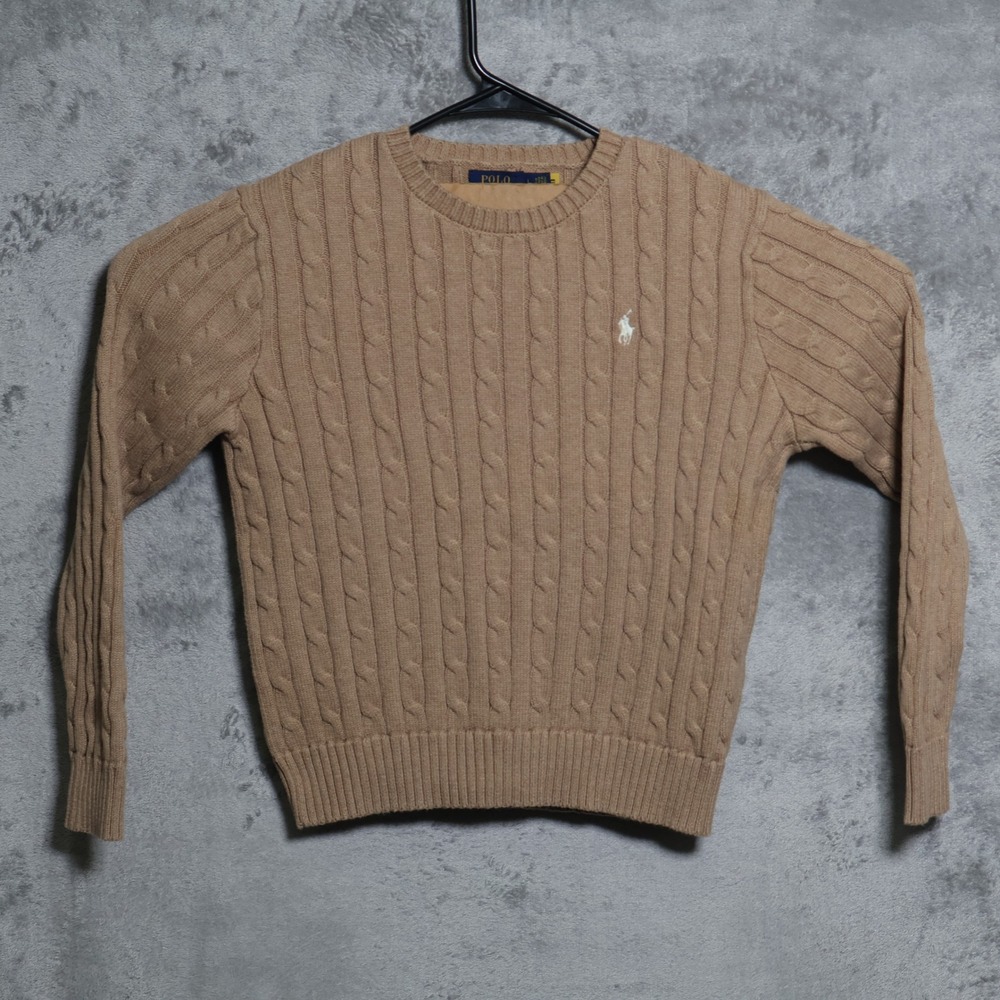 Polo Ralph Lauren Sweater Womens Large Beige Tan Cable Knit Cotton Preppy Casual